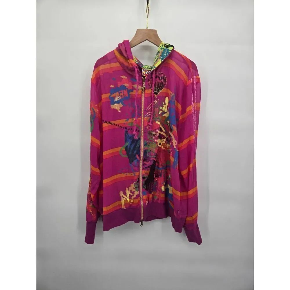 Akdmks Women's Sheer Zip Up Jacket Size XL Pink Colorful 90s Y2K